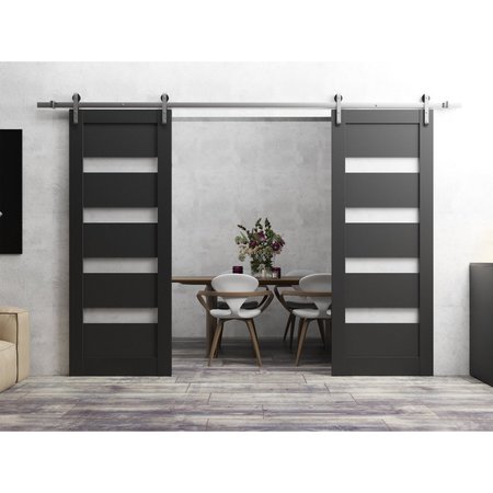 Sartodoors Sturdy Dbl Barn Door 56 x 84in, Quadro 4113 Matte Black Frosted Glass, SS 13FT Rail Hangers Heavy Set QUADRO4113DB-S-BLK-5684